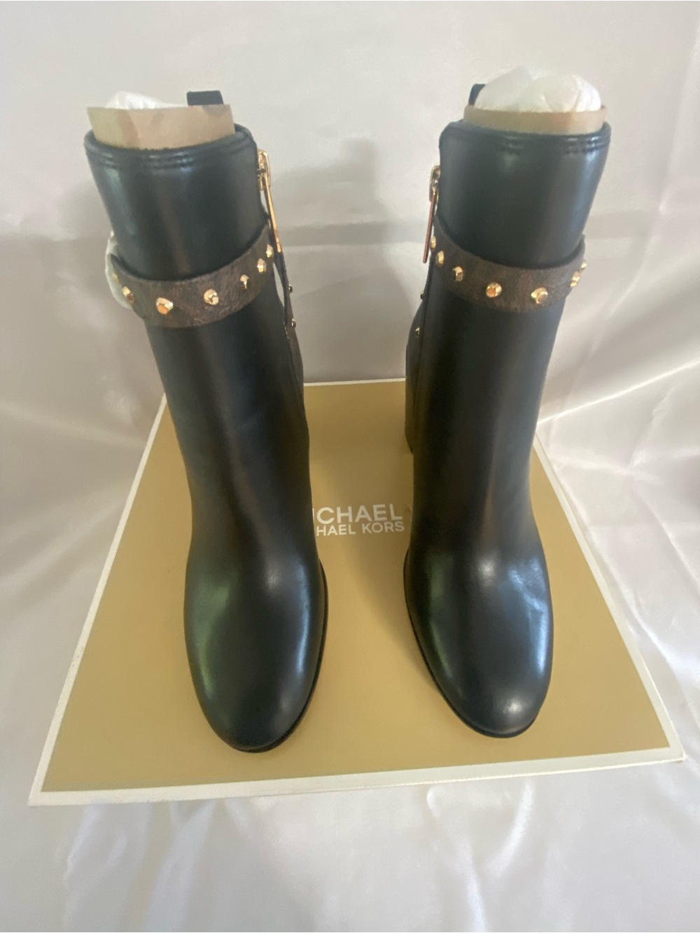 MICHAEL Michael Kors Black Leather Studded Ankle Booties with Gold Hardware - Picture 3 of 13
